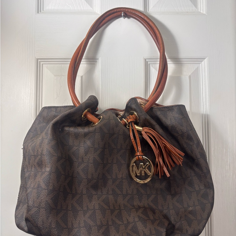 Michael Kors Dark Brown Shoulder Bag with Tan Accents